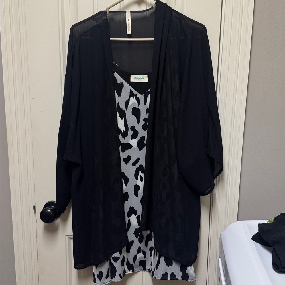 Black Sheer Cardigan with Animal Print Top
